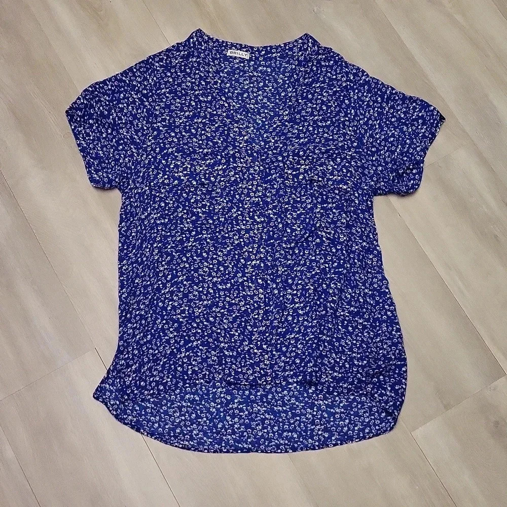 Brilly Womens Button Down Blue Floral Blouse Size Large‎ Ditsy Lightweight